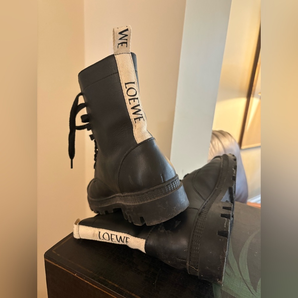 Loewe Black Leather Lug-Sole Combat Boots with White Logo Pull Tabs